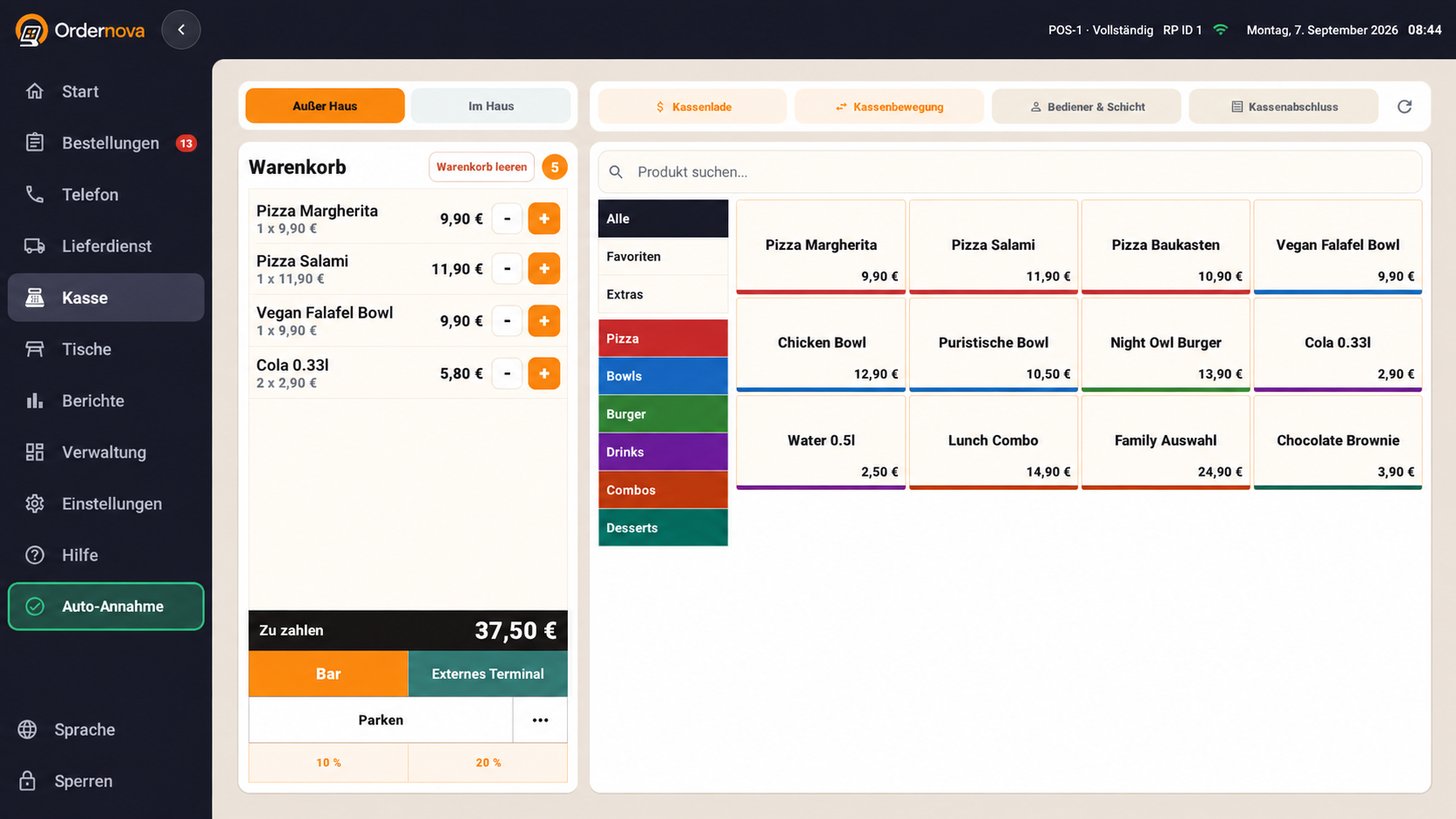 Ordernova Kasse mit Produktkacheln, Artikelpreisen, Warenkorb und Zahlbuttons in einer Demo-Ansicht